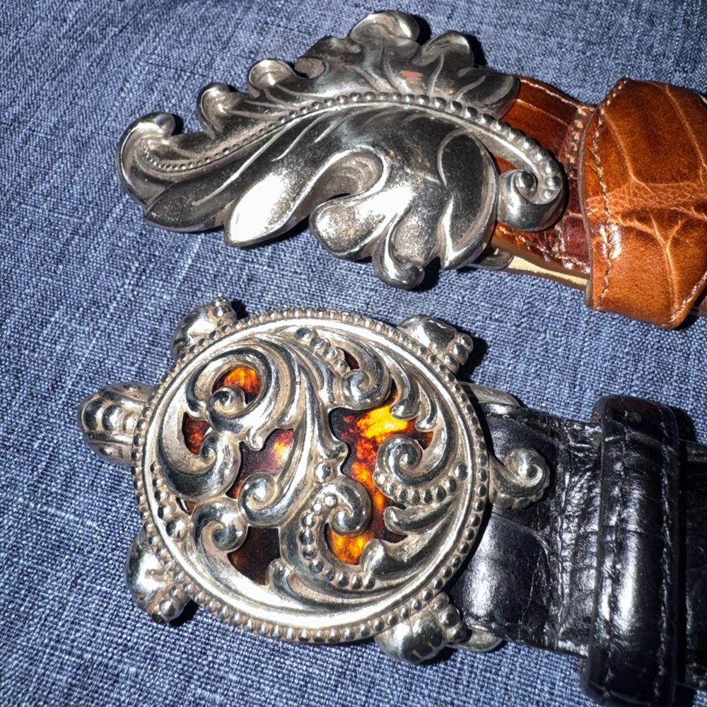 Brighton Vintage Set x2 Brown Embossed Leaf Black Ornate Turtle Belts sz M/30